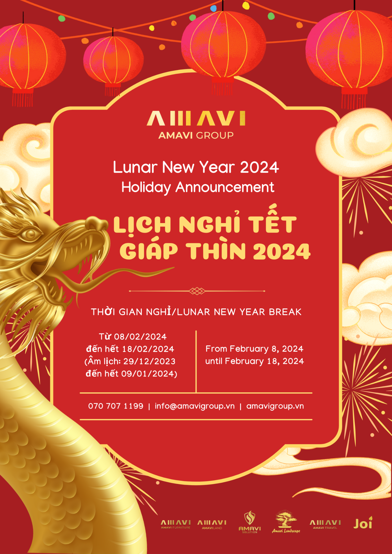 AMAVI GROUP THÔNG BÁO LỊCH NGHỈ TẾT NGUYÊN ĐÁN - MỪNG XUÂN GIÁP THÌN 2024