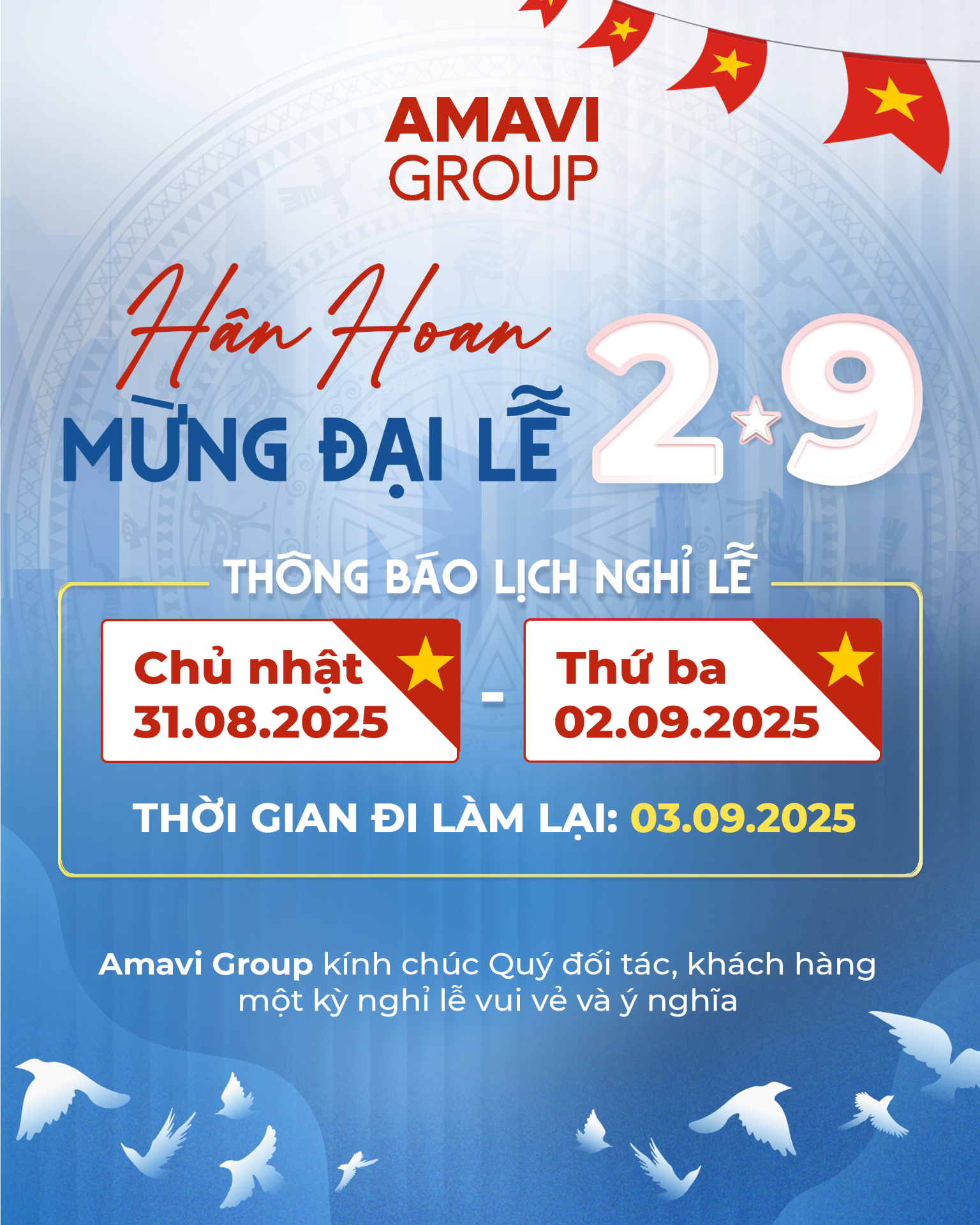 AMAVI GROUP THÔNG BÁO LỊCH NGHỈ LỄ QUỐC KHÁNH 02/09/2025 – 80 NĂM TỰ HÀO DÂN TỘC